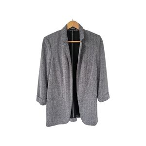 Express Black Gray Herringbone Open Front Blazer Jacket 3/4 Sleeves XS